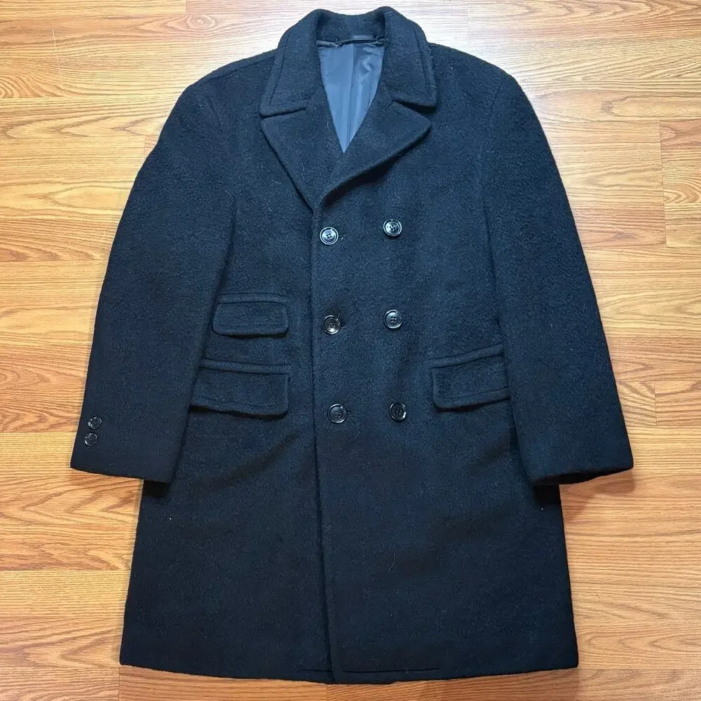 Vintage 1960s Custom Tailored Wool Overcoat Peacoat Black Mens Large Hong Kong